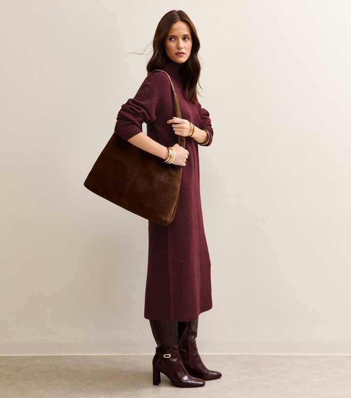 Burgundy High Neck Back Slit Midi Jumper Dress