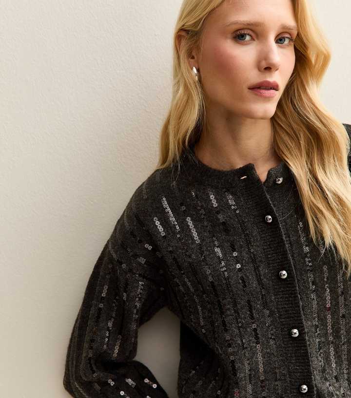 Dark Grey Sequin Embellished Cardigan