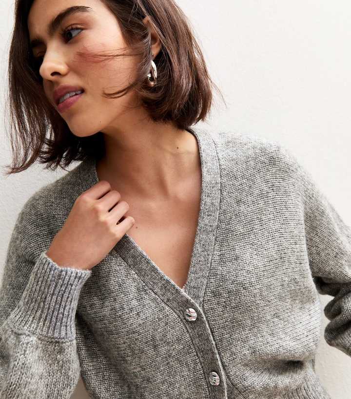Grey Metallic Knit Batwing Sleeve Cardigan