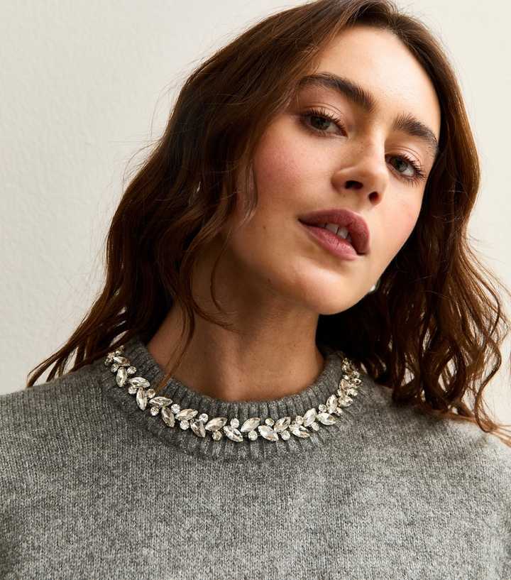 Grey Embellished Necklace Jumper