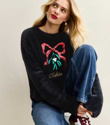 Black Fluffy Embroidered Mistletoe Motif Jumper