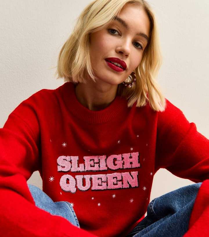 Red Sequinned Sleigh Queen Christmas Jumper
