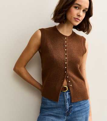 Dark Brown Crew Neck Contrast Button Knit Waistcoat