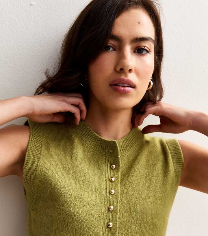 Green Crew Neck Contrast Button Knit Waistcoat