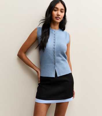 Blue Crew Neck Contrast Button Knit Waistcoat