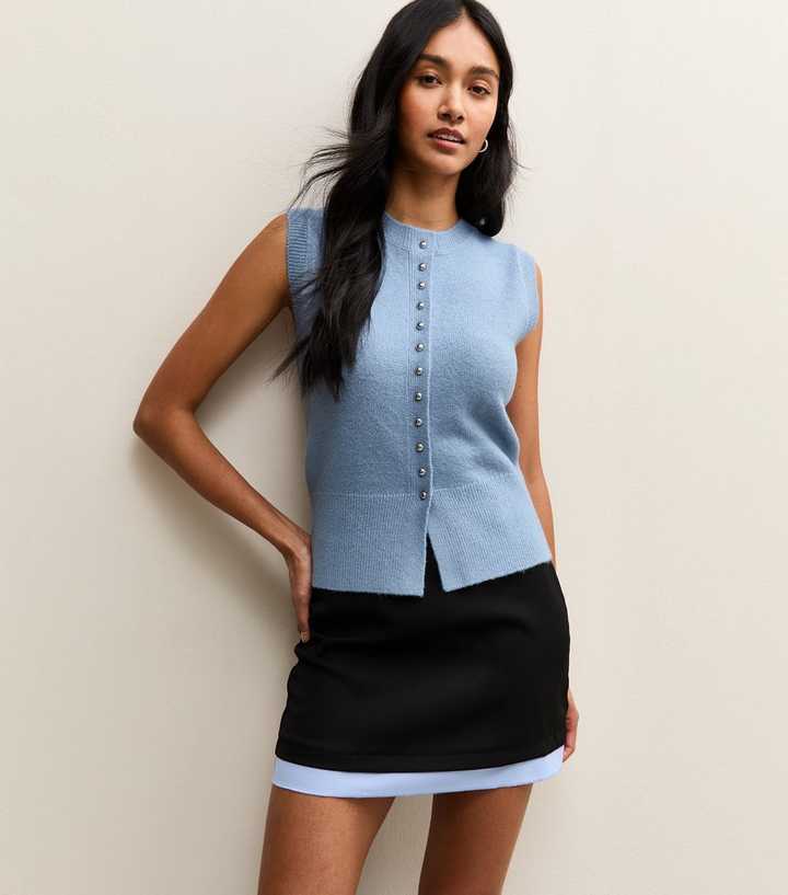 Blue Crew Neck Contrast Button Knit Waistcoat