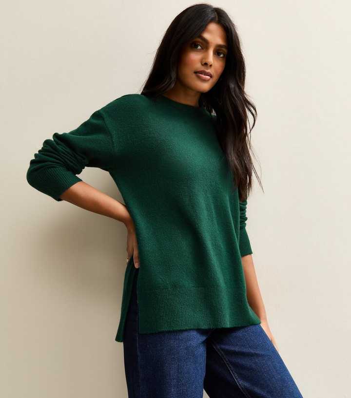 Dark Green Crew Neck Side Slit Jumper