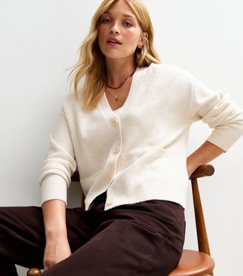 Off White Button Front Patch Pocket Cardigan New Look