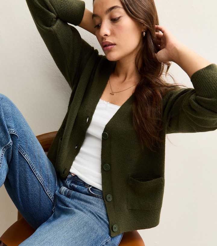 Khaki Button Front Patch Pocket Cardigan