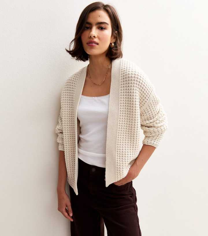 Off White Moss Stitch Open Front Cardigan