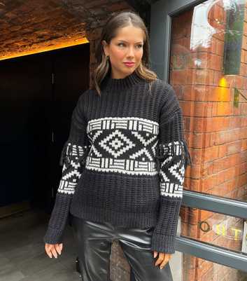 AX Paris Black Fairisle Fringe Trim Jumper