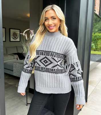 AX Paris Grey Fairisle Fringe Trim Jumper