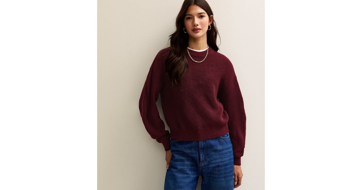 Dark Burgundy Ribbed Crew Neck Knit Jumper | New Look