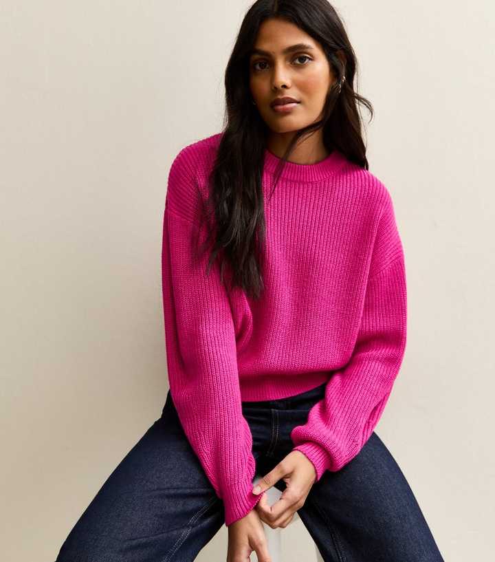 Hot Pink Ribbed Crew Neck Knit Jumper