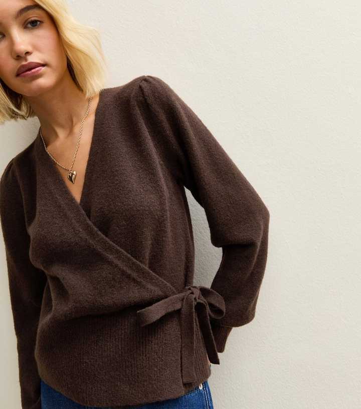 Dark Brown Puff Sleeve Wrap Jumper
