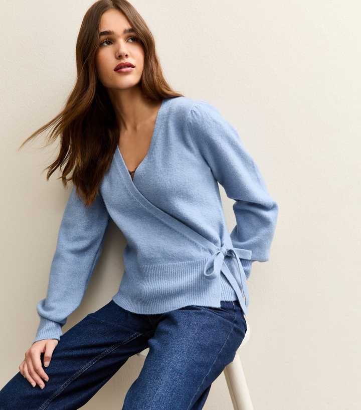 Mid Blue Puff Sleeve Wrap Jumper