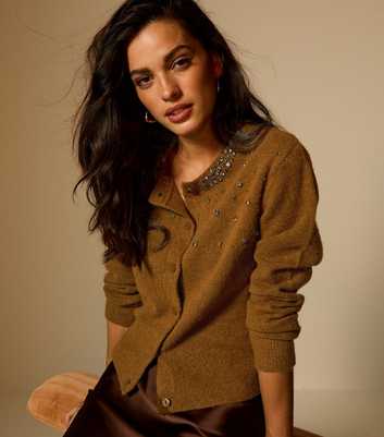 Tan Diamanté Embellished Cardigan