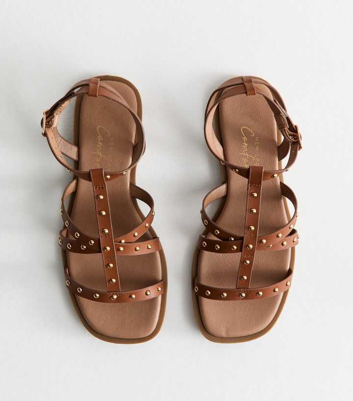 Wide Fit Brown Faux Leather Studded Sandals.