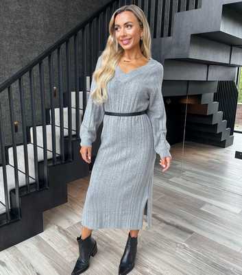 AX Paris Grey Knit V-Neck Midi Dress