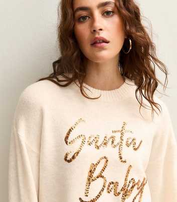 Cream Christmas Sequinned Santa Baby Slogan Jumper