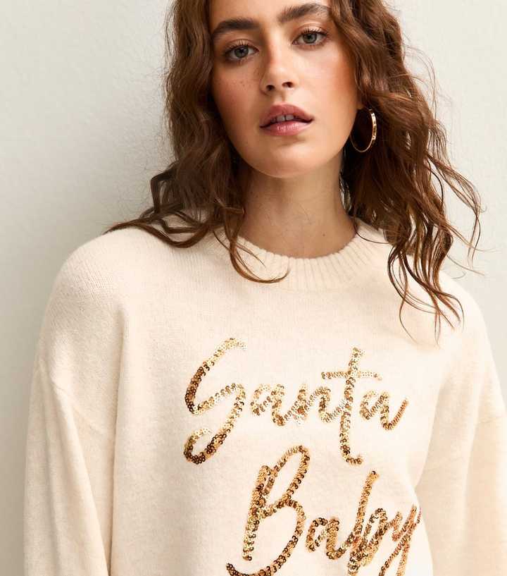 Cream Christmas Sequinned Santa Baby Slogan Jumper