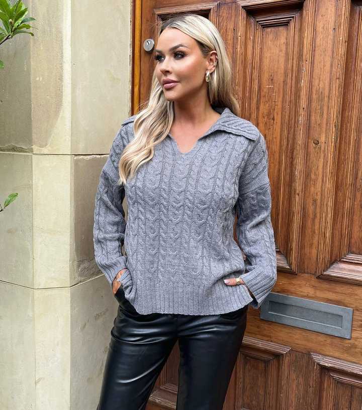 Cable Knit Dark Grey Womens Jumper Ladies Women Crew Neck Long