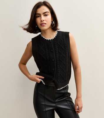 Black Contrast Trim Cable Knit Waistcoat