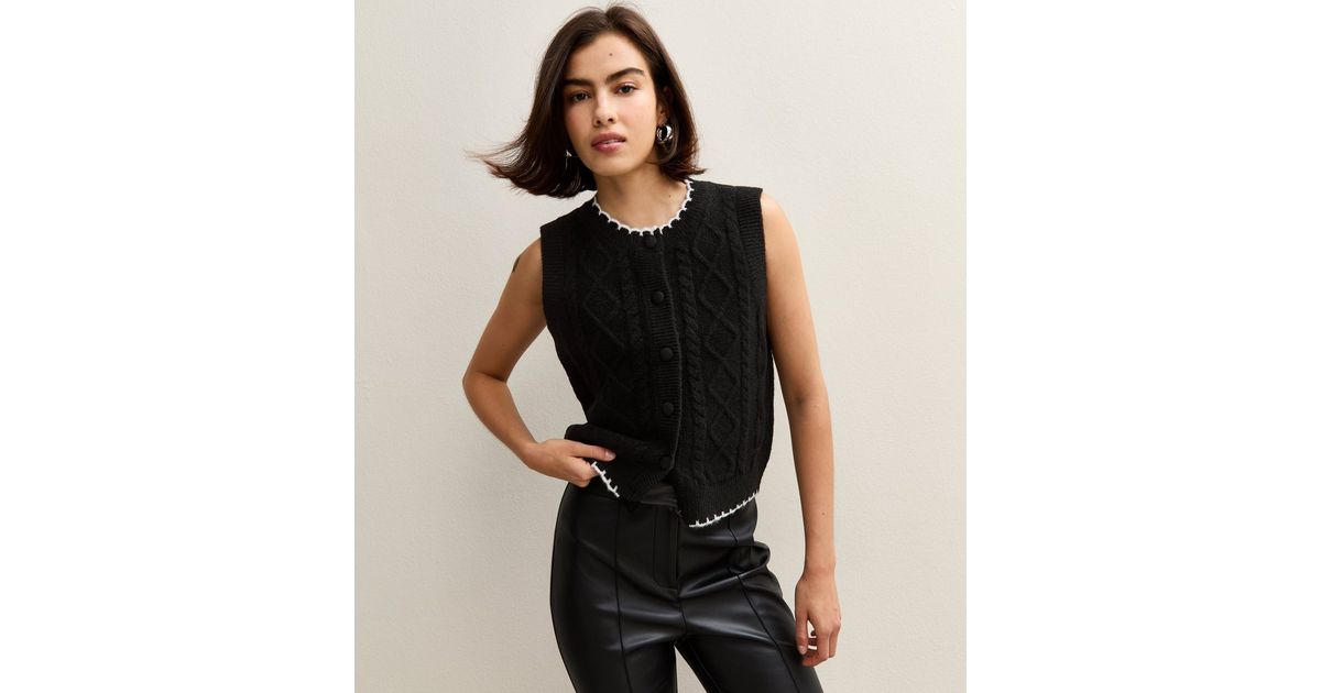 Black Contrast Trim Cable Knit Waistcoat | New Look