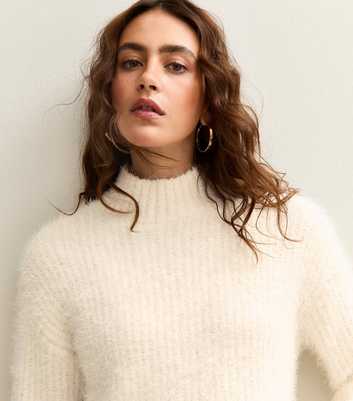 White Fluffy Ribbed High Neck Jumper