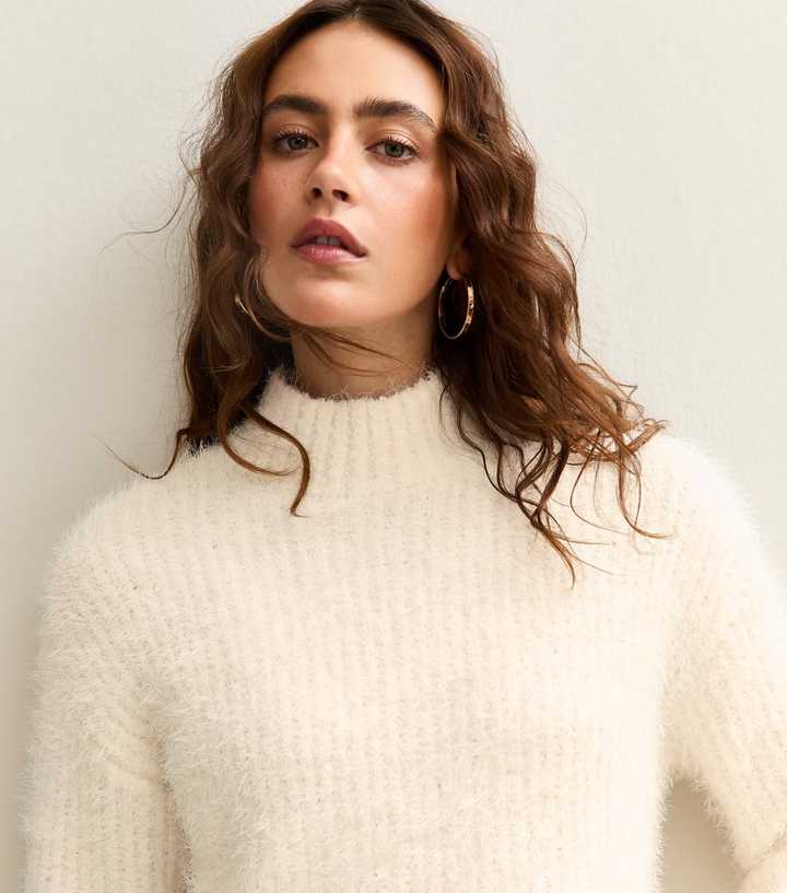 White Fluffy Ribbed High Neck Jumper