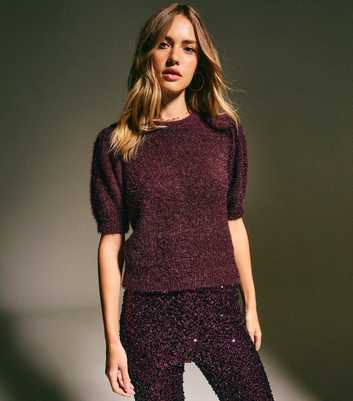 Dark Burgundy Fluffy Sparkle Knit Short Sleeve Jumper