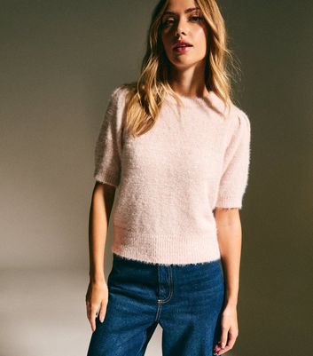 Mid Pink Fluffy Sparkle Knit Short Sleeve Jumper New Look