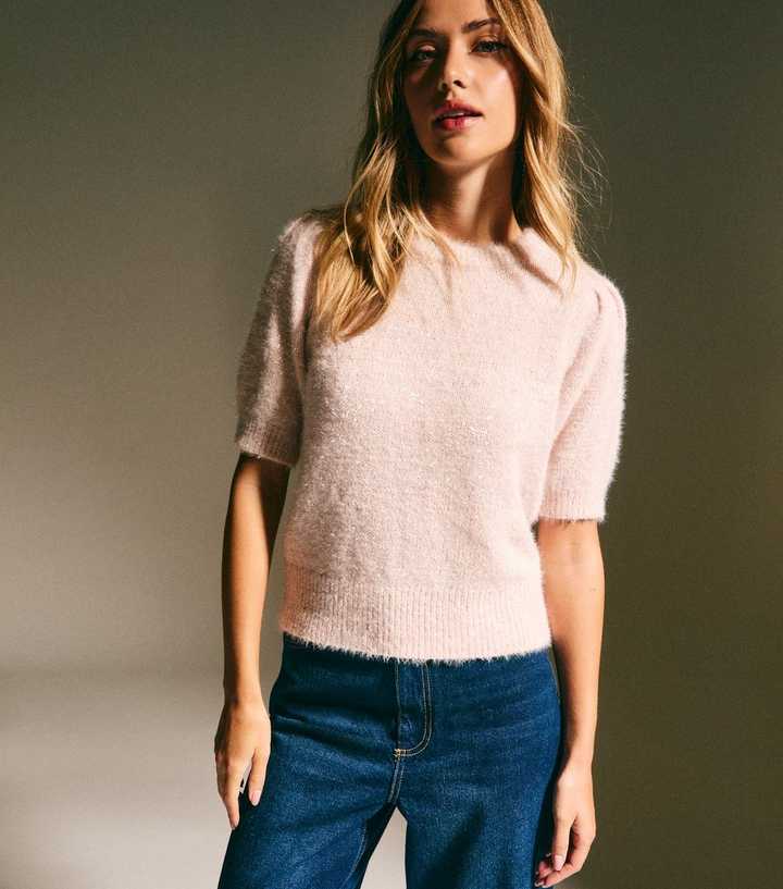 Mid Pink Fluffy Sparkle Knit Short Sleeve Jumper