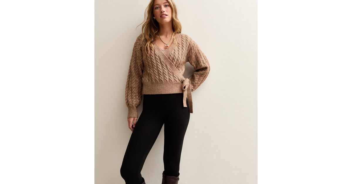 Camel Cable Knit Wrap Jumper New Look
