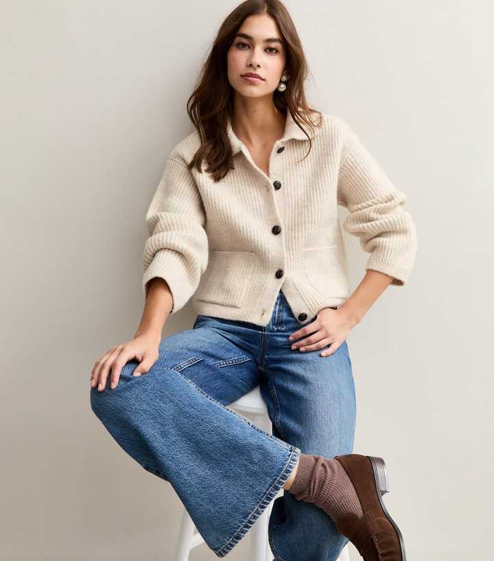 Cream Knit Collared Button Through Cardigan