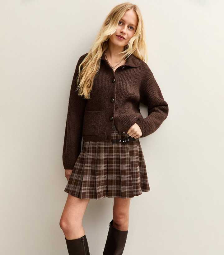 Brown Ribbed Knit Collared Button Through Cardigan