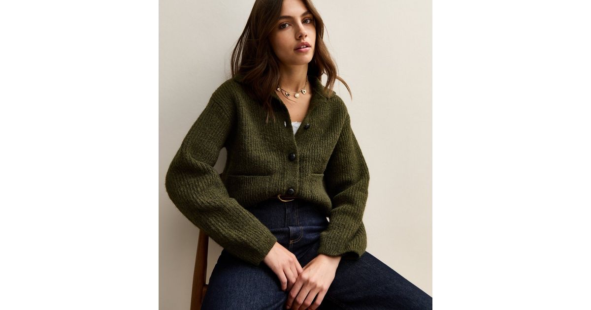 Khaki Ribbed Knit Collared Button Through Cardigan | New Look