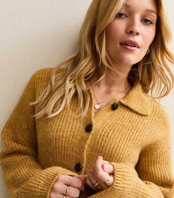 Dark Yellow Ribbed Knit Collared Button Through Cardigan