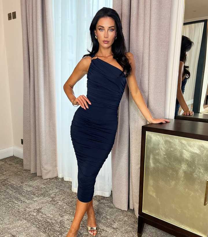 AX Paris Navy Ring Detail One Shoulder Ruched Midi Dress | New Look
