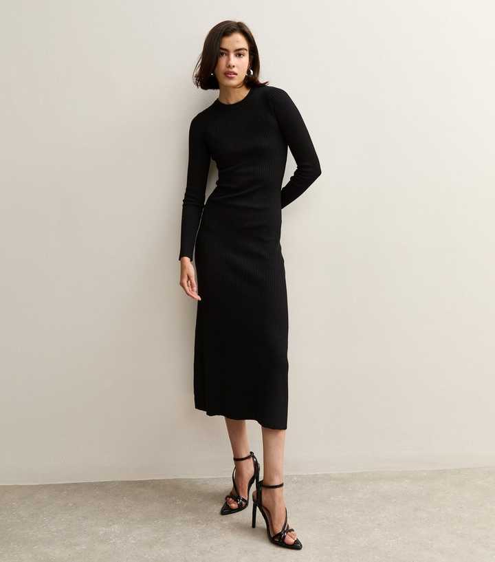 Black A-Line Knitted Midi Dress