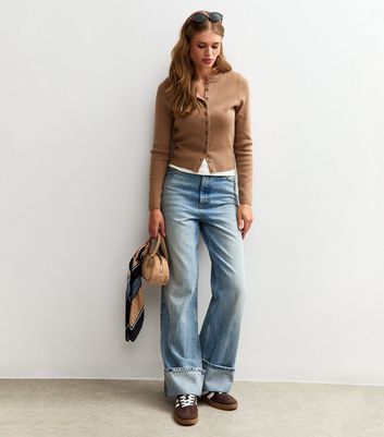 Camel Compact Knit Crew Neck Cardigan | New Look