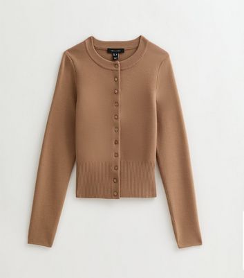Camel Compact Knit Crew Neck Cardigan | New Look