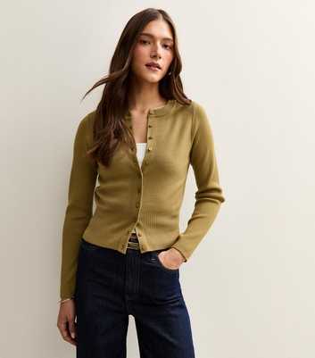 Light Khaki Compact Knit Crew Neck Cardigan
