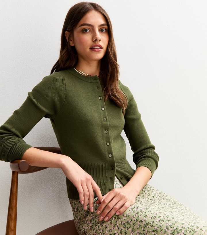 Dark Khaki Compact Knit Crew Neck Cardigan