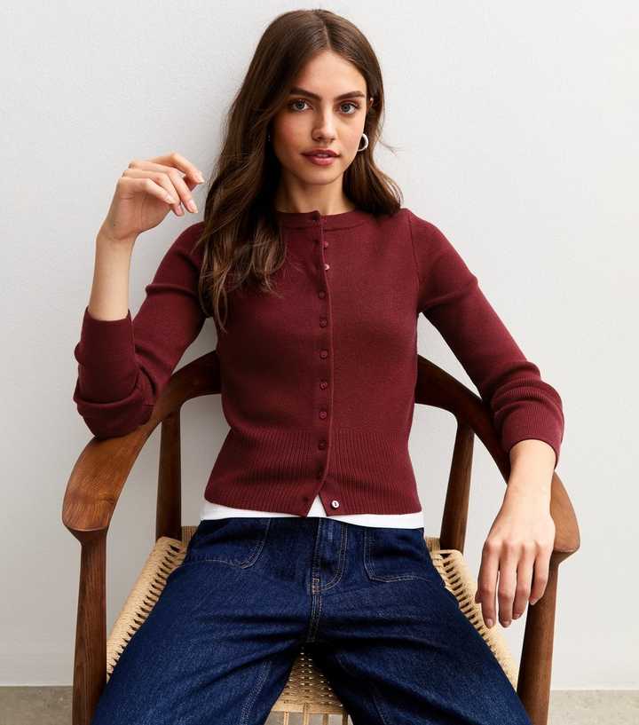 Red Compact Dark Red Compact Knit Crew Neck Cardigan | New Look
