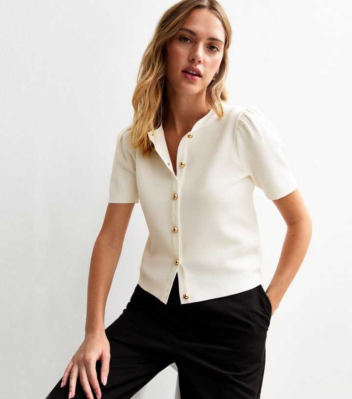 Langwyqu Womens Short Sleeve Button Down Cardigans Sweater Cropped