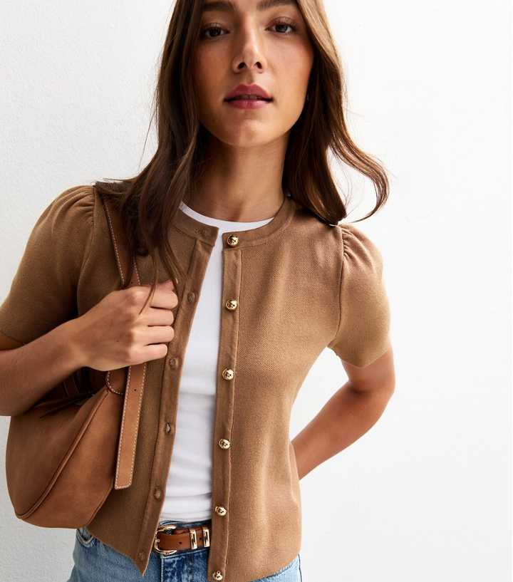 Camel Short Sleeve Crew Neck Cardigan