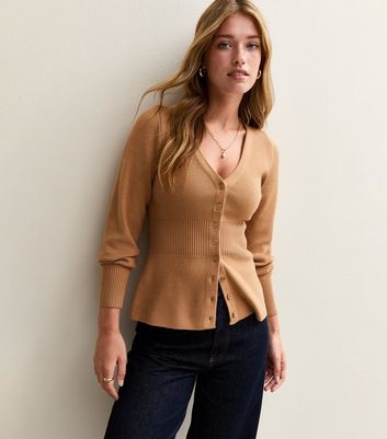 Camel Compact Knit Peplum Hem Cardigan | New Look