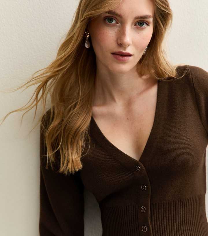 Brown Compact Knit Peplum Hem Cardigan