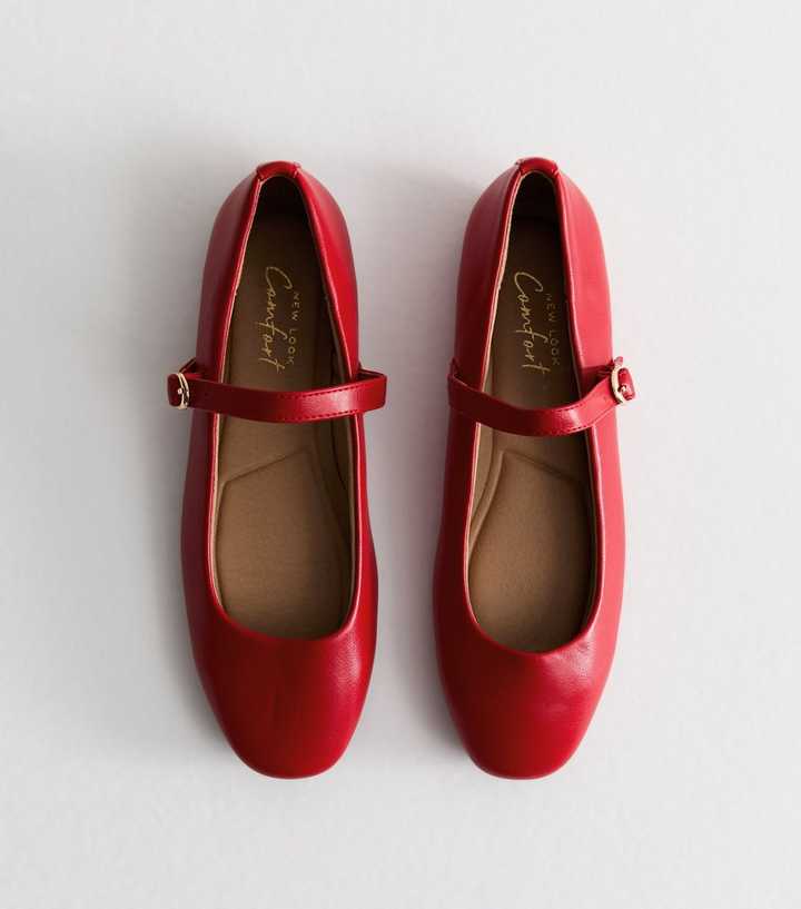 Bright Red Faux Leather Mary Jane Pumps